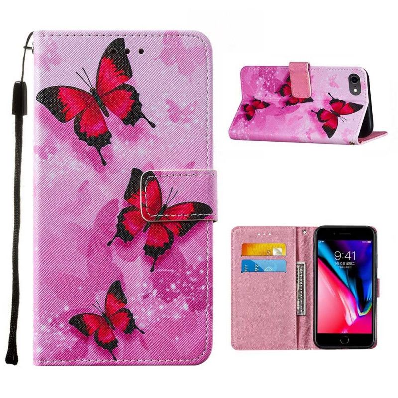 Fodral iPhone 7 / 8 / SE 2 Magenta Texturerat Konstläderfjärilar