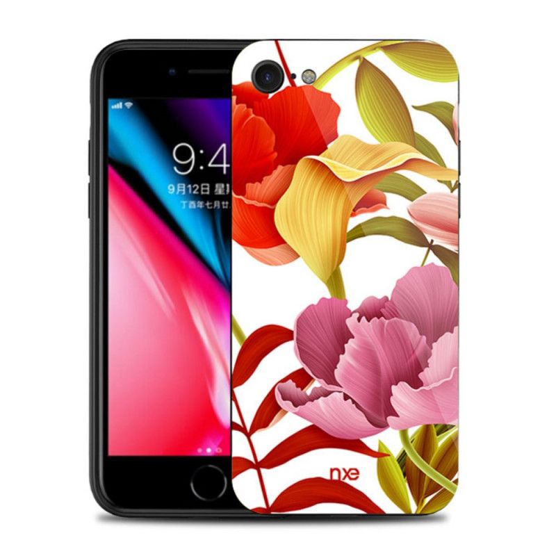 Skal för iPhone 7 / 8 / SE 2 Vit Glas Och Silikonblommor Nxed