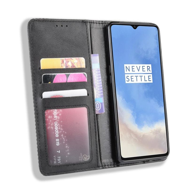 Folio-fodral för OnePlus 7T Svart Stiliserad Vintage Lädereffekt