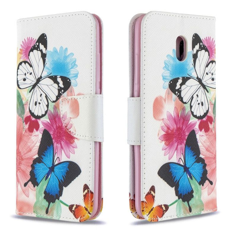 Läderfodral Xiaomi Redmi 8A Mobilskal Målade Fjärilar Och Blommor