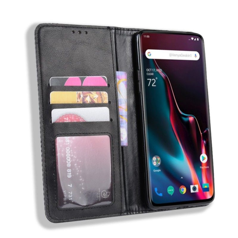 Folio-fodral OnePlus 7 Pro Svart Stiliserad Vintage Lädereffekt