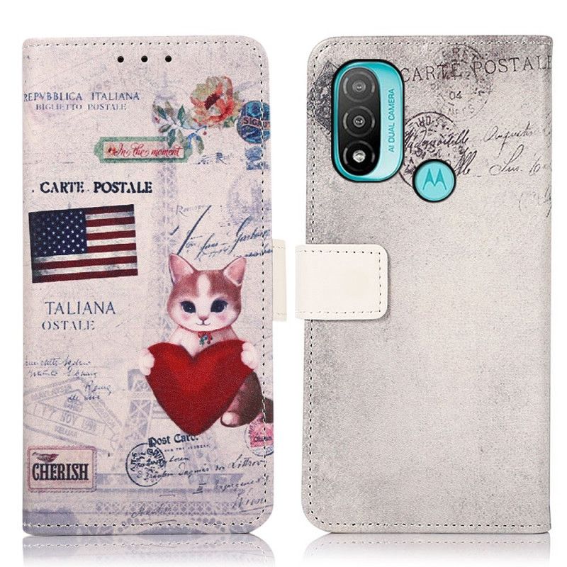 Läderfodral Moto E20 / E30 / E40 Telefonfodral Traveller Cat