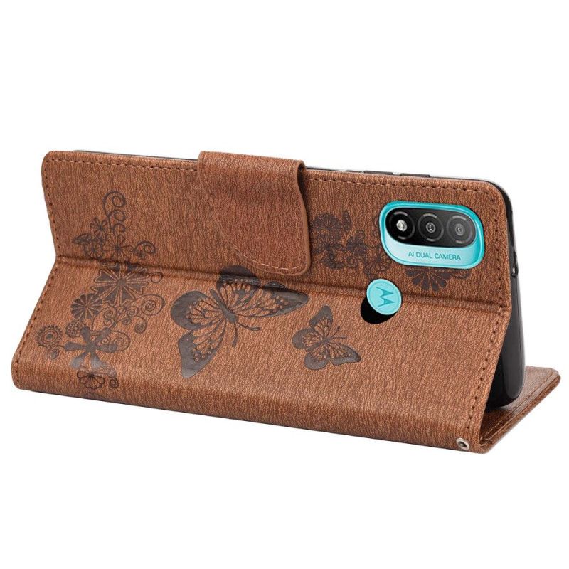 Läderskal Fodral Moto E20 / E30 / E40 Splendid Strap Butterflies