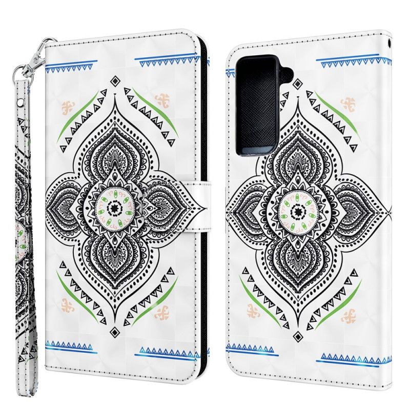 Fodral för Samsung Galaxy S21 5G Vit Ljusfläckar Mandala Med Rem