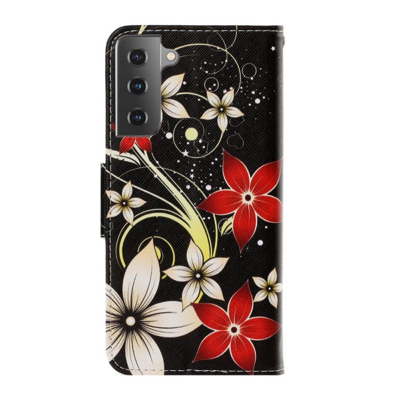 Fodral Samsung Galaxy S21 5G Svart Färgglada Blommor Med Rem