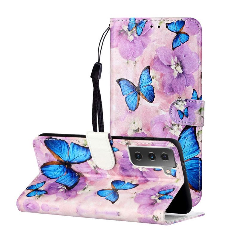 Läderskal Samsung Galaxy S21 5G Blommiga Fjärilar