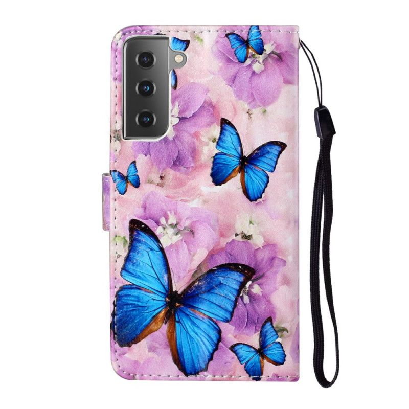 Läderskal Samsung Galaxy S21 5G Blommiga Fjärilar