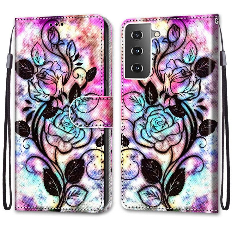 Läderskal Samsung Galaxy S21 5G Neonblommor