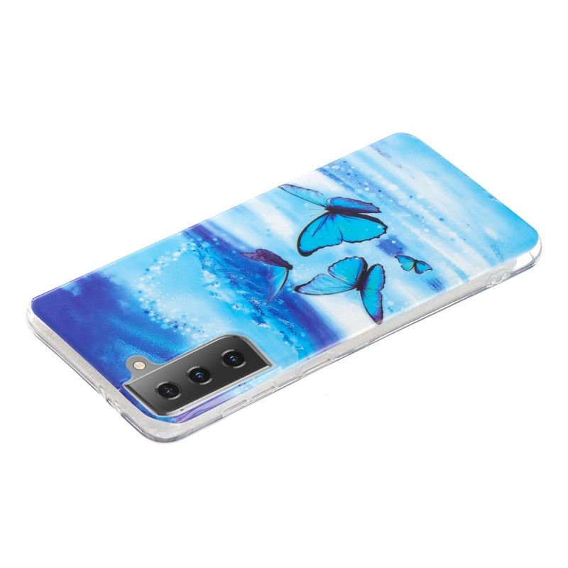 Skal för Samsung Galaxy S21 5G Mörkblå Fluorescerande Fjärilserie