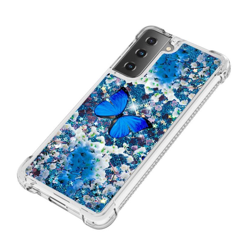 Skal Samsung Galaxy S21 5G Mobilskal Blå Glitterfjärilar