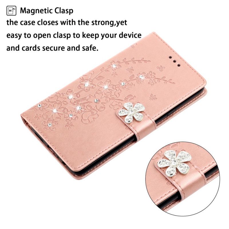 Läderfodral Xiaomi Redmi Note 9S / Note 9 Pro Rose Gold Blomma Charm