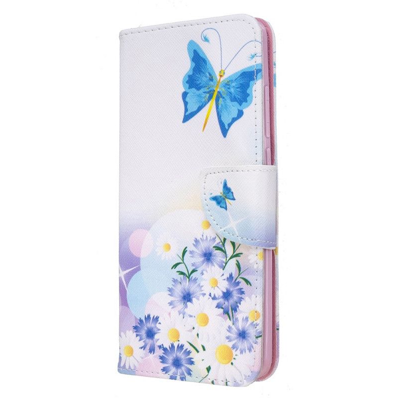 Läderfodral Xiaomi Redmi 8 Magenta Mobilskal Målade Fjärilar Och Blommor