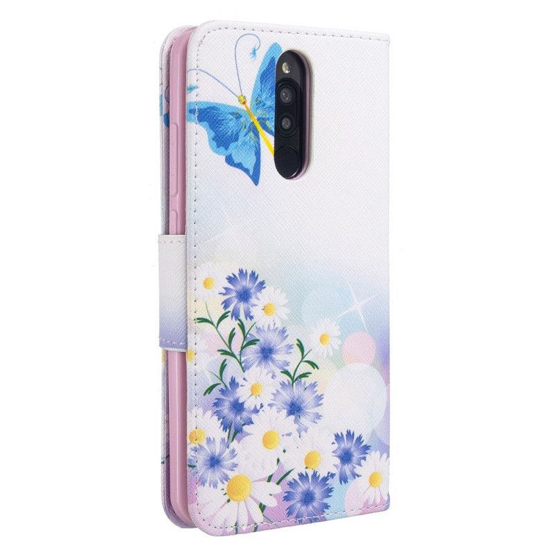 Läderfodral Xiaomi Redmi 8 Magenta Mobilskal Målade Fjärilar Och Blommor