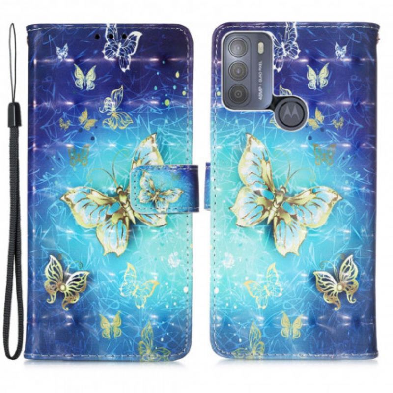 Skyddsfodral Moto G50 Gold Butterflies Lanyard