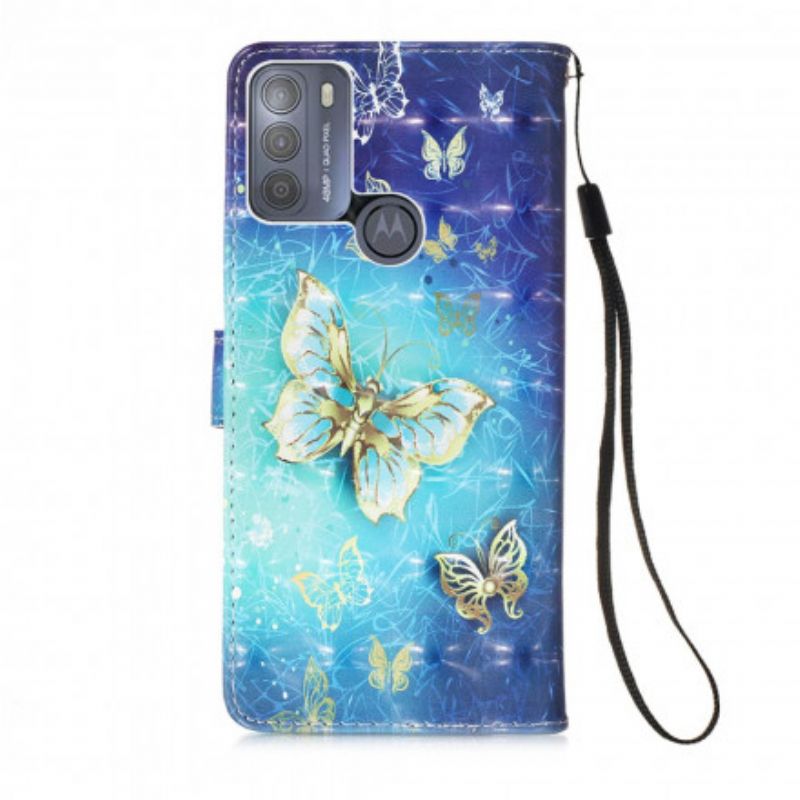 Skyddsfodral Moto G50 Gold Butterflies Lanyard