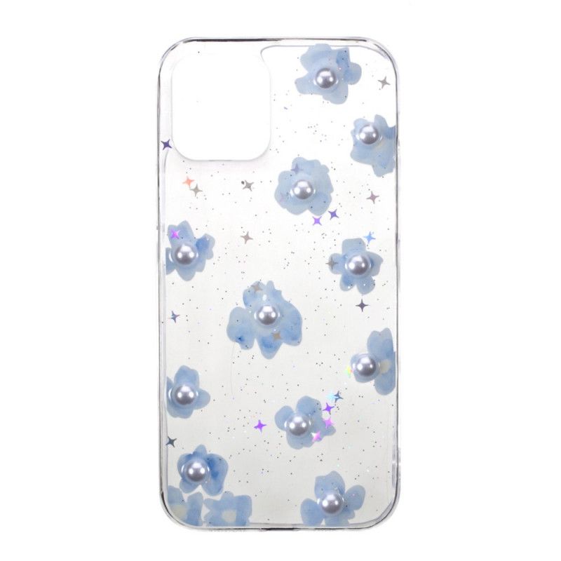 Skal iPhone 12 / 12 Pro Ljusblå Blommor Och Pärlor