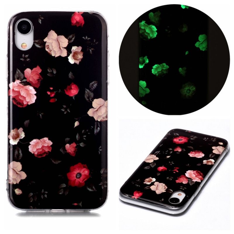 Skal för iPhone XR Svart Fluorescerande Blommor Serie