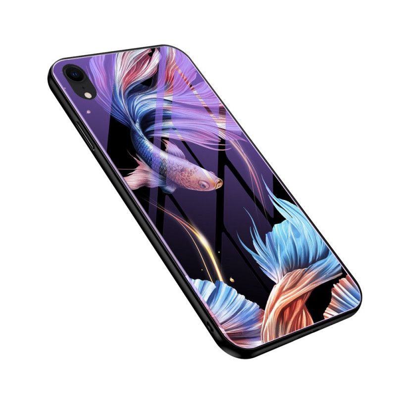 Skal iPhone XR Cyan Härdat Glas Med Fluorescerande Mönster