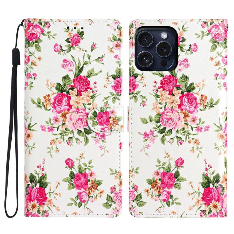 Läderfodral iPhone 16 Pro Max Telefonfodral Röda Blommor Med Rem