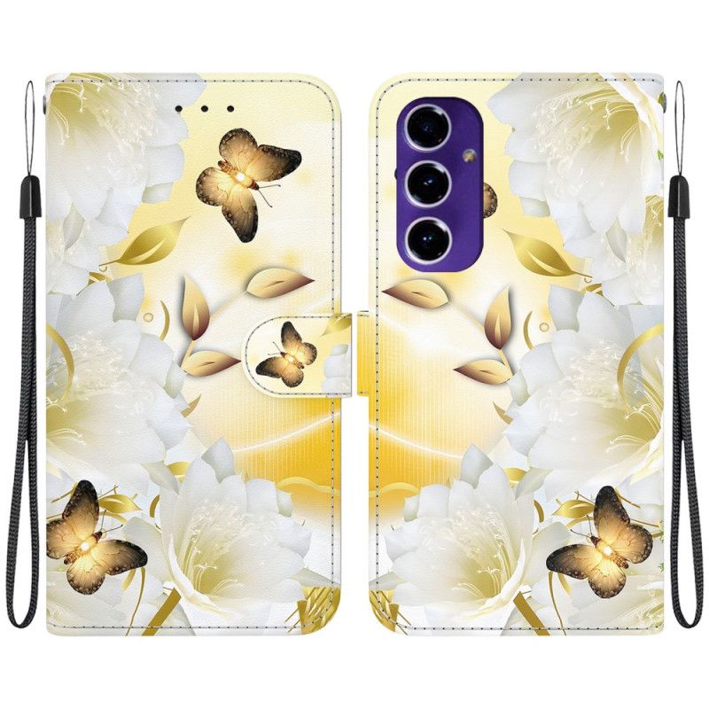 Läderskal Fodral Samsung Galaxy A16 5g Gyllene Fjäril Och Vita Blommor