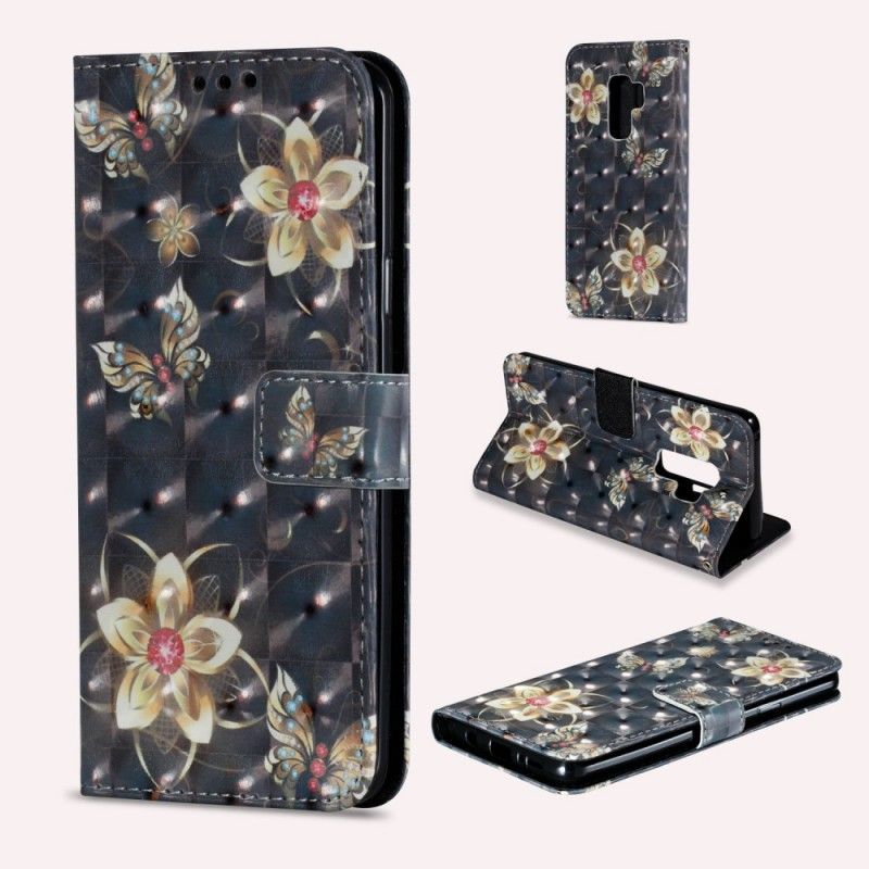 Läderskal Samsung Galaxy S9 Plus Svart Retro Färgglada Blommor