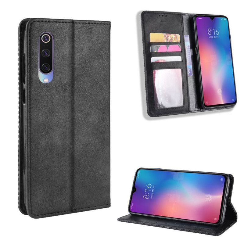 Folio-fodral Xiaomi Mi 9 Lite Svart Stiliserad Vintage Lädereffekt