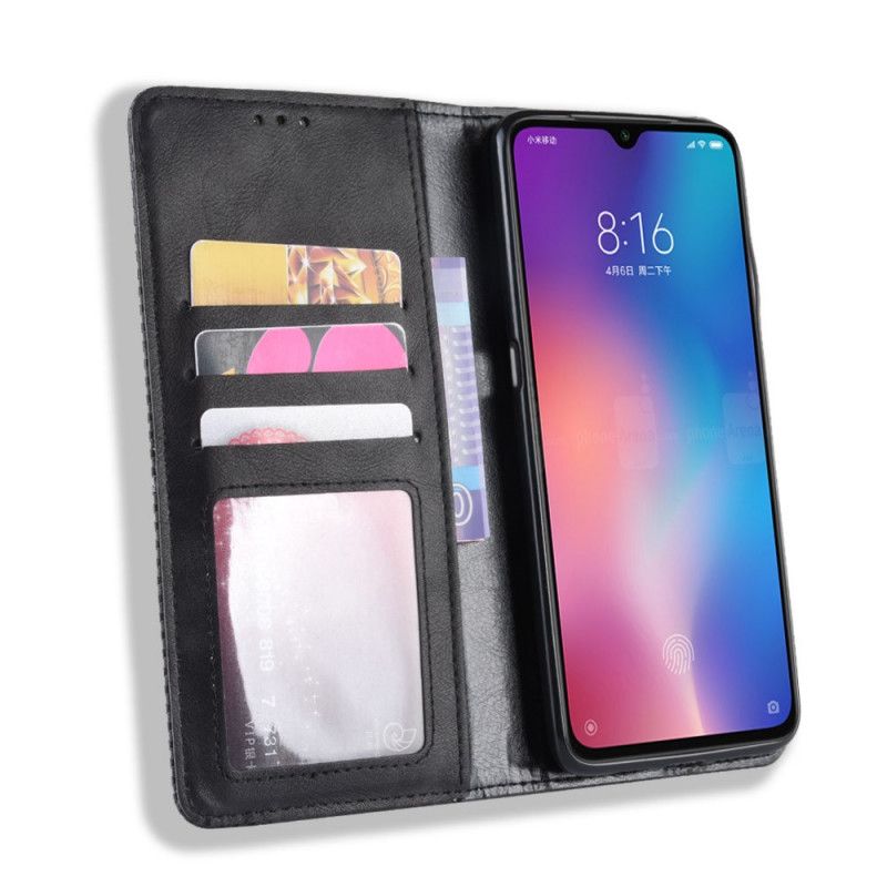 Folio-fodral Xiaomi Mi 9 Lite Svart Stiliserad Vintage Lädereffekt