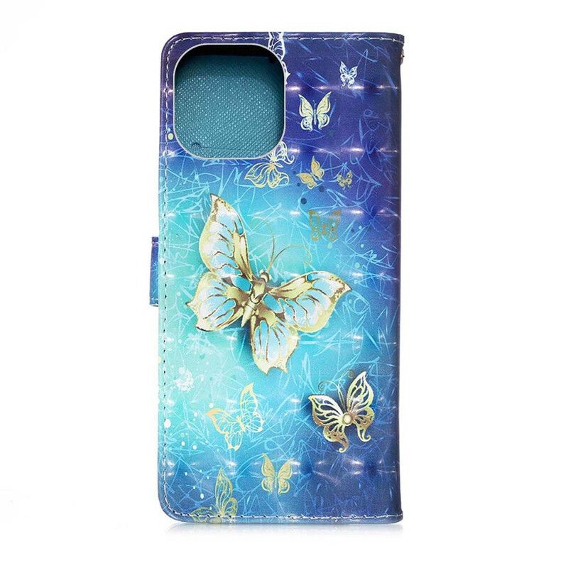 Fodral För iPhone 13 Mini Gold Butterflies Lanyard