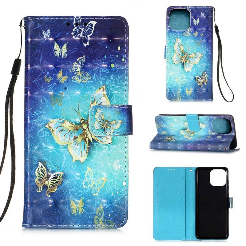 Fodral För iPhone 13 Mini Gold Butterflies Lanyard