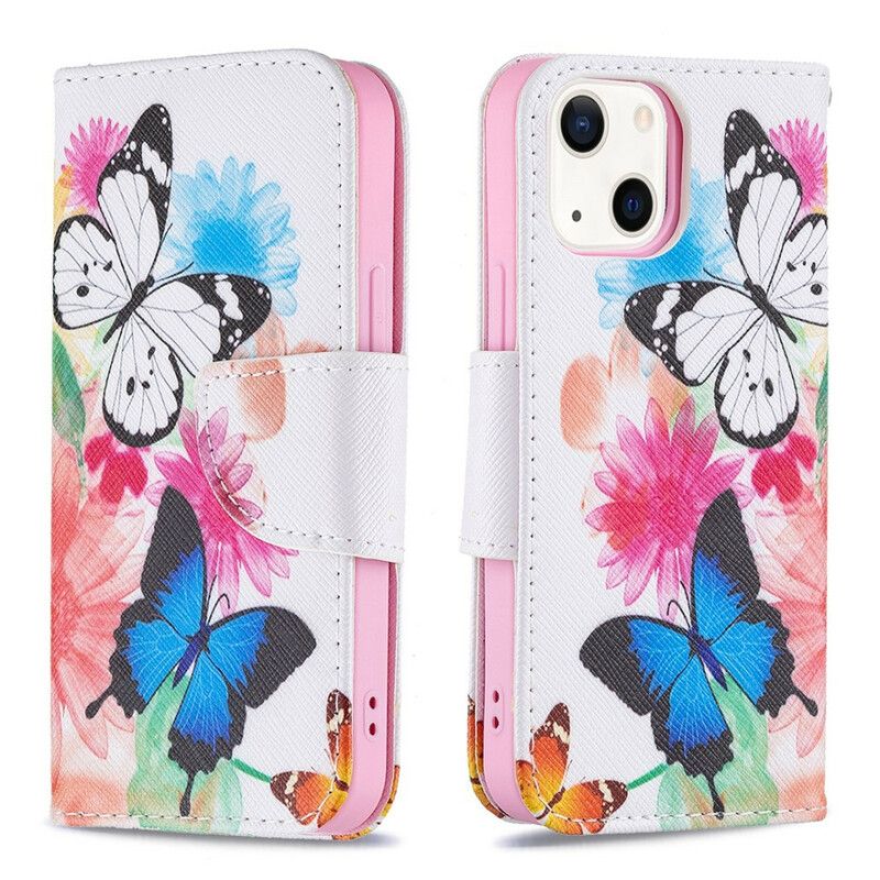 Fodral iPhone 13 Mini Målade Fjärilar Och Blommor