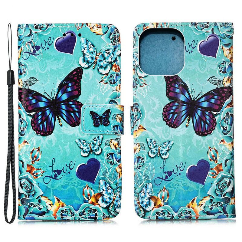 Läderfodral iPhone 13 Mini Telefonfodral Love Butterflies Strappy