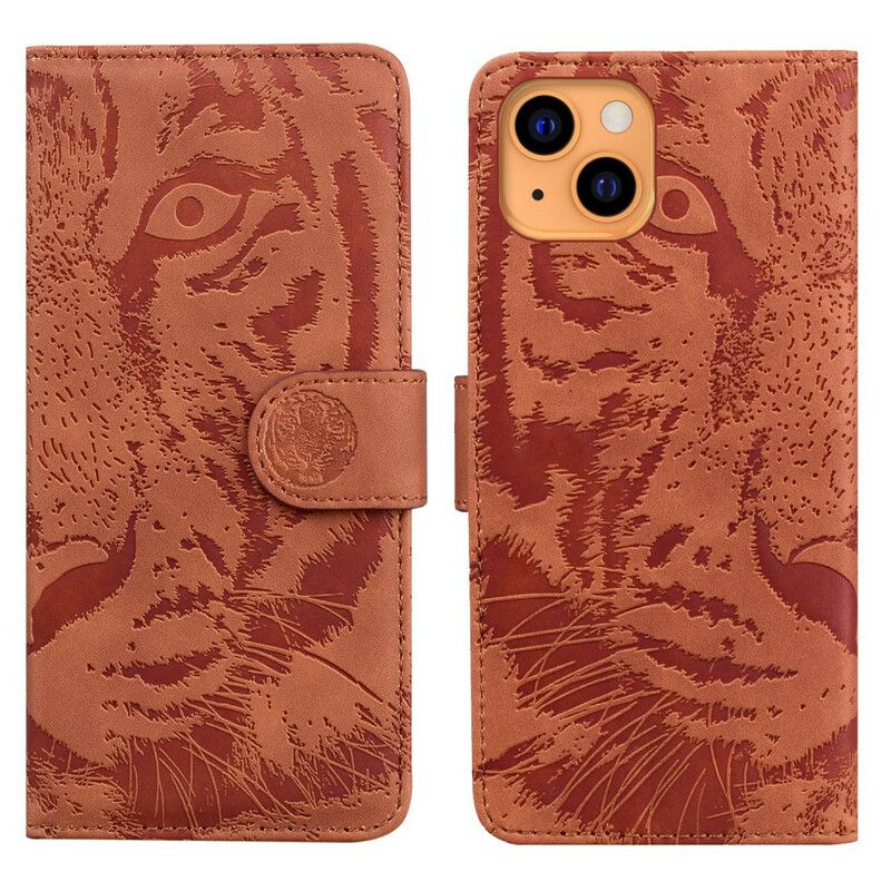 Läderfodral iPhone 13 Mini Telefonfodral Tiger Face Print