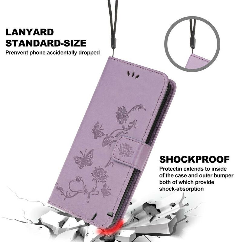 Läderskal Fodral iPhone 13 Mini Fjärilar Och Blommor Strappy