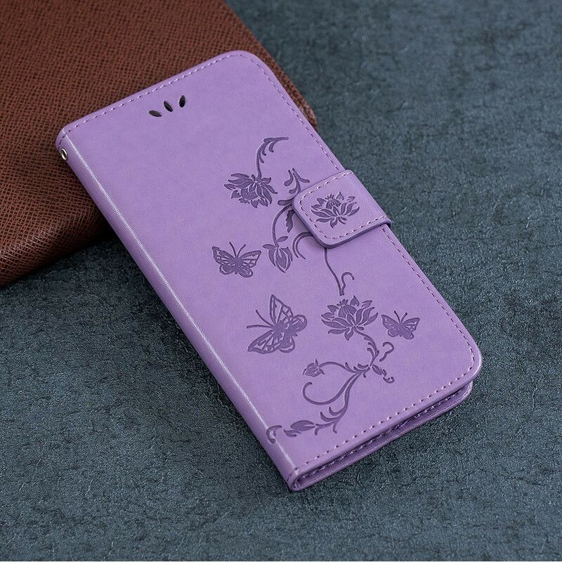 Läderskal Fodral iPhone 13 Mini Fjärilar Och Blommor Strappy