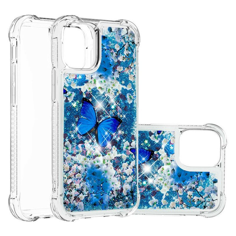 Skal iPhone 13 Mini Telefonfodral Blå Glitterfjärilar