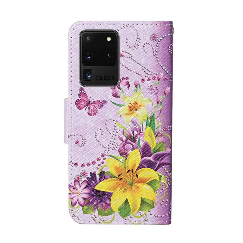 Fodral för Samsung Galaxy S20 Ultra Magenta Mästerliga Blommor Med Rem