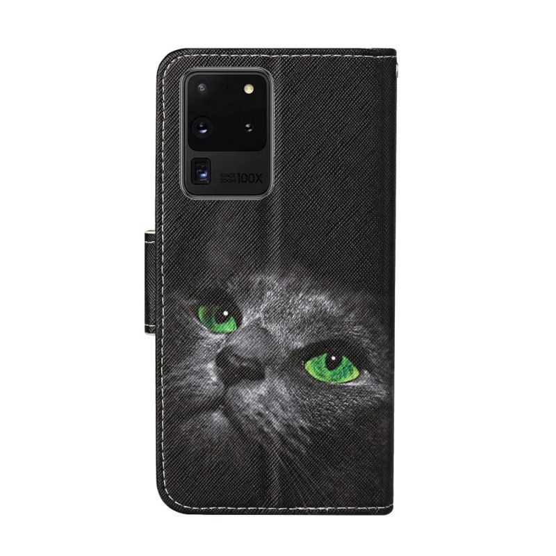 Läderfodral Samsung Galaxy S20 Ultra Mobilskal Katt Med Gröna Ögon Med Rem