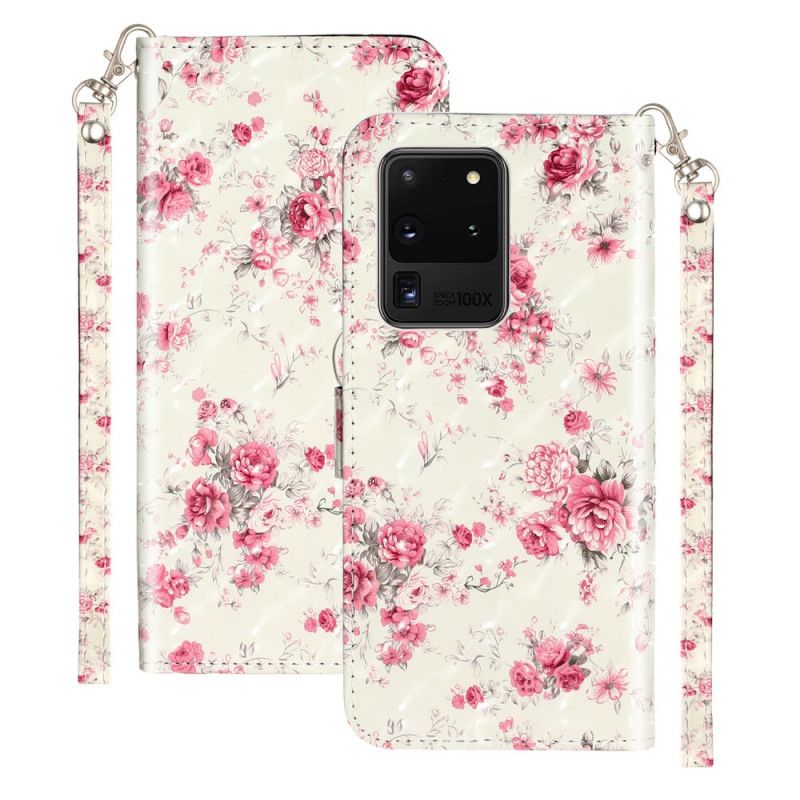 Läderskal Samsung Galaxy S20 Ultra Blommor Ljusa Fläckar Med Rem