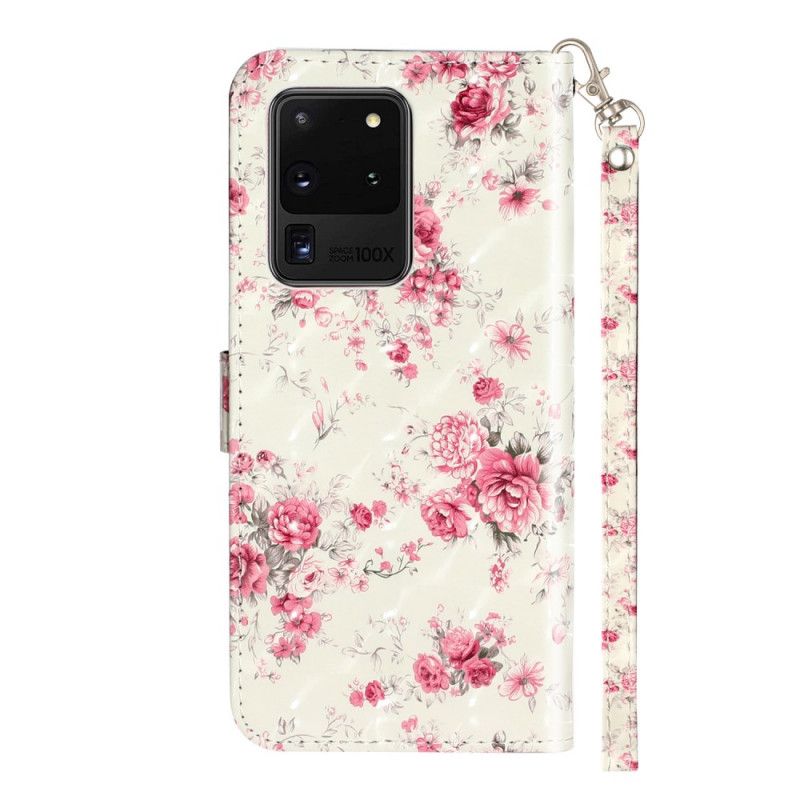 Läderskal Samsung Galaxy S20 Ultra Blommor Ljusa Fläckar Med Rem