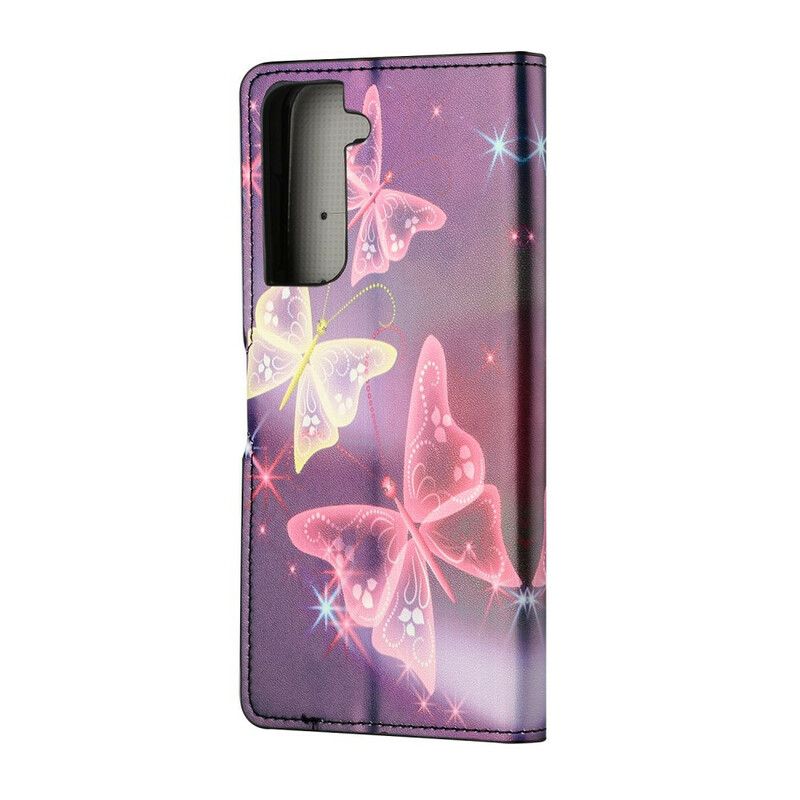 Läderfodral Samsung Galaxy S21 Fe Telefonfodral Fjärilar Och Blommor