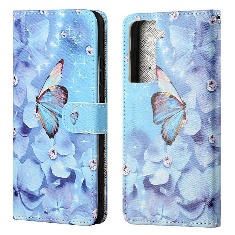 Läderskal Fodral Samsung Galaxy S21 Fe Diamond Strappy Butterflies