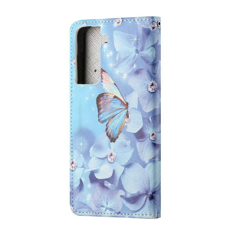 Läderskal Fodral Samsung Galaxy S21 Fe Diamond Strappy Butterflies