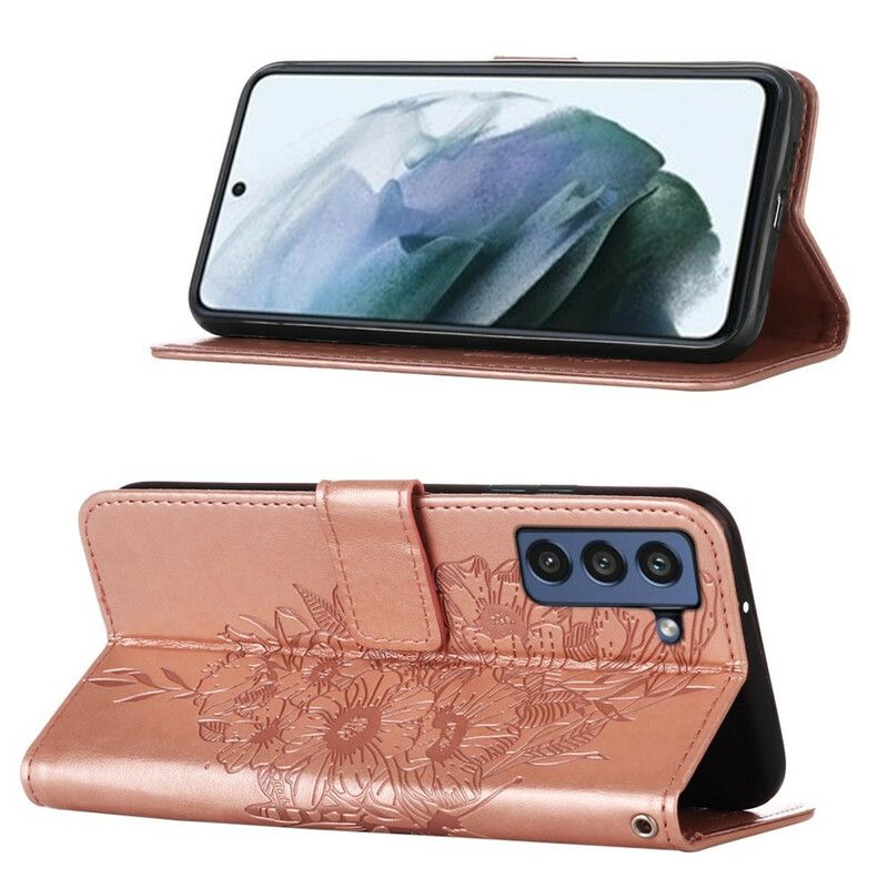 Läderskal Fodral Samsung Galaxy S21 Fe Fjärilsdesign Med Snöre