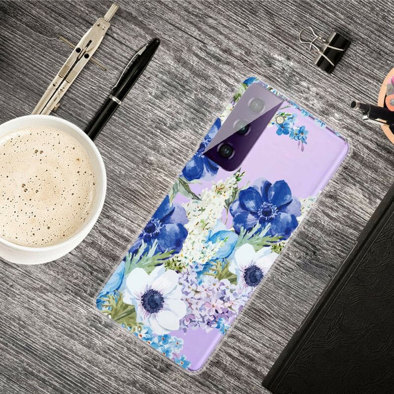 Skal För Samsung Galaxy S21 Fe Blå Blommor Akvarell