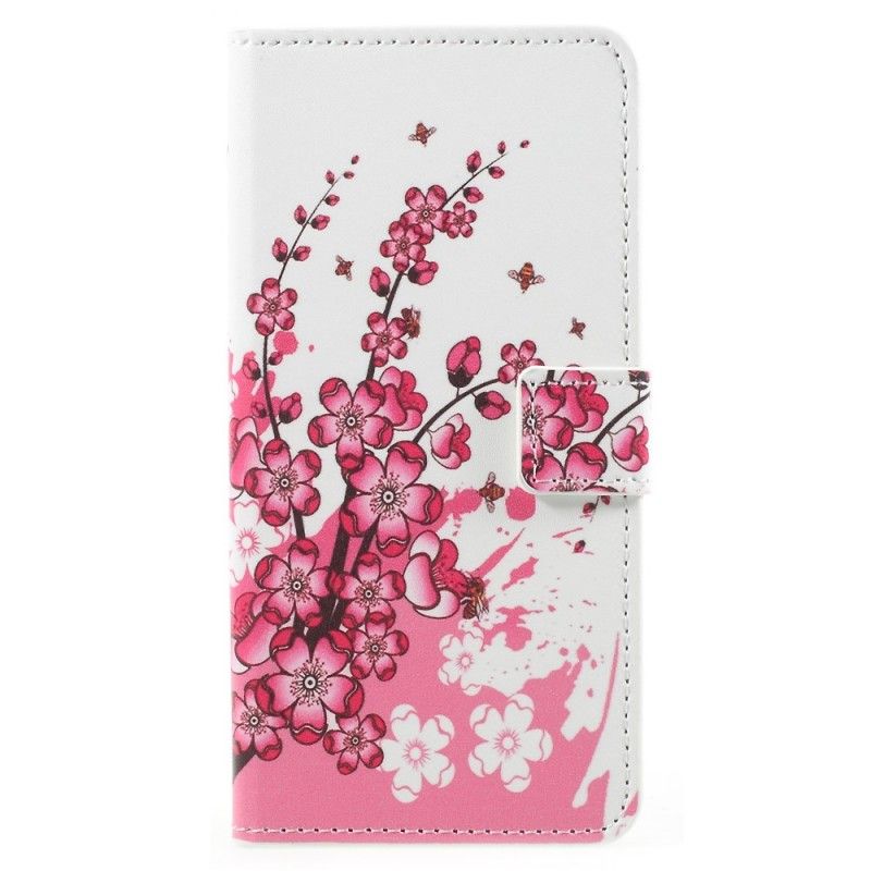 Läderfodral Samsung Galaxy A8 Magenta Mobilskal Tropiska Blommor