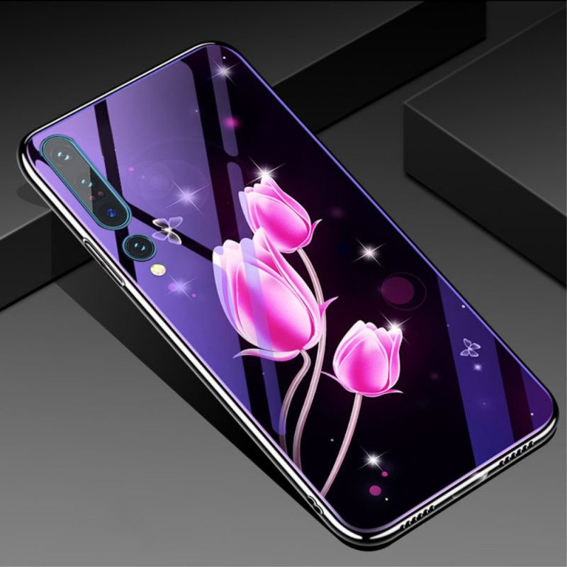 Skal Xiaomi Mi 10 / 10 Pro Magenta Mobilskal Härdat Glas Och Blommig Silikon