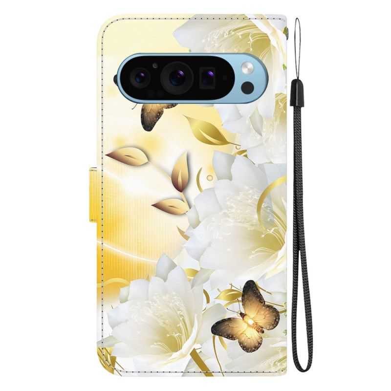 Skyddsfodral Google Pixel 9 Pro Gyllene Fjärilar Och Vita Blommor Med Rem