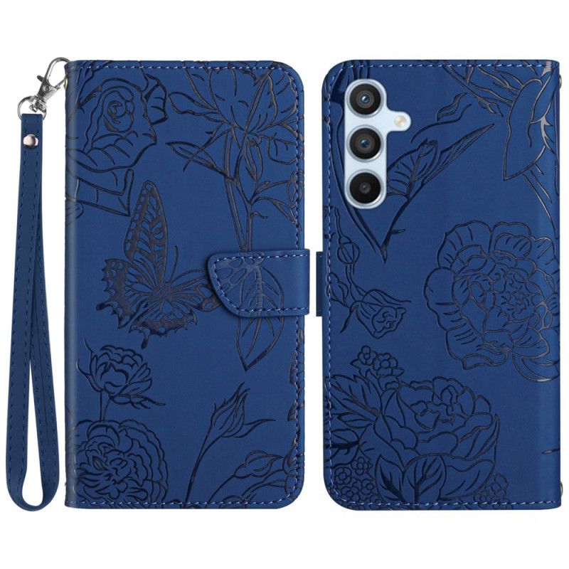 Läderfodral Samsung Galaxy M55 5g Telefonfodral Fjärilstryck Med Rem