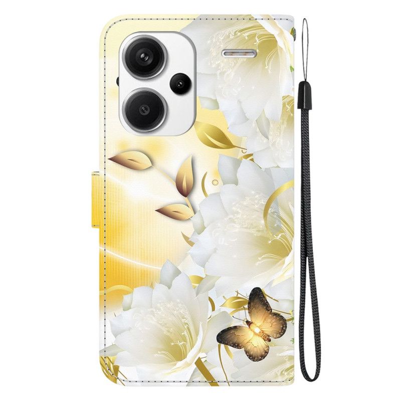 Fodral Xiaomi Redmi Note 13 Pro Plus 5g Gyllene Fjärilar Och Vita Blommor Med Rem