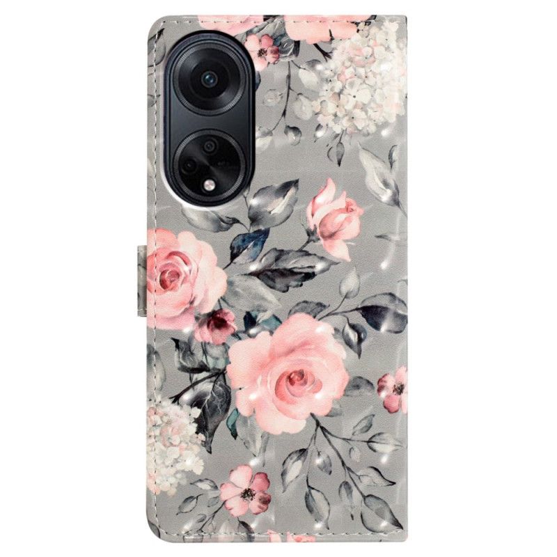 Fodral Oppo A98 5g Rosa Blommor Med Rem